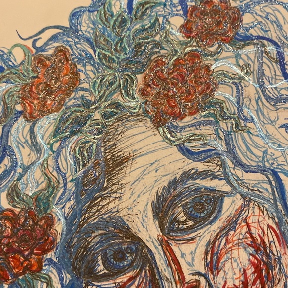 Unframed Original Art Illustration Drawing Portrait w Roses in Gel Pen & Ink - Picture 5 of 5